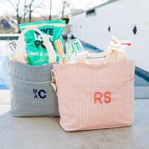 Embroidered Monogram Striped Cooler Tote