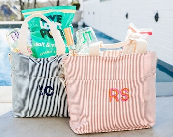 Embroidered Monogram Striped Cooler Tote