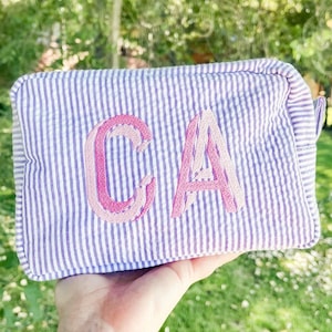 Embroidered Seersucker Makeup Bag // Personalized Seersucker Toiletry Bag, Cosmetic Bag, Bridesmaid Gift, Bridal Party Gifts, Bridal Shower