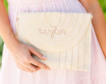 Embroidered Straw Clutch