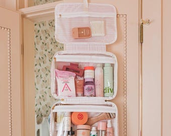 Embroidered Clear Coated Hanging Toiletry Bag // Personalized Floral Makeup Bag Embroidered Gift for Her Bridesmaid Gift Custom Toiletry Bag