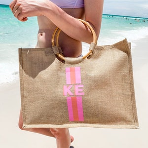 Striped Monogram Bamboo Jute Carryall