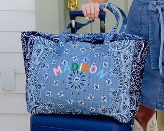 Bandana Tote & Pouch // Cotton Personalized Quilted Tote Bag, Embroidered Name Bag, Rainbow Bandana Tote, Quilted Pouch, Embroidered Tote