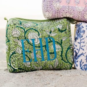 Embroidered Block Print Pouch // Personalized Floral Makeup Bag Handmade Quilted Cosmetic Bag Gift for Her Travel Makeup Pouch Toiletry Bags