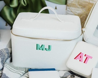 Shadow Monogram Leather Train Case // Vegan Leather Toiletry Bag, Custom Makeup Bag, Travel Cosmetic Pouch, Bridesmaid Gift, Christmas Gift