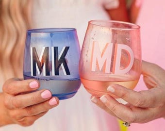 Monogrammed 14 oz Colored Stemless Wine Glass (Set of 4) // Plastic Wine Glass, Colored Wine Glass, Monogram Wine Glass, Gameday Cups