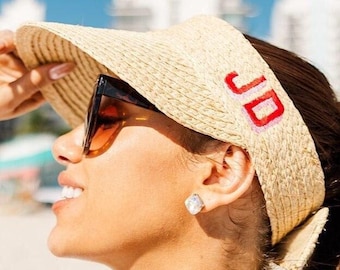 Visière de paille brodée - monogramme ombre// chapeau de plage en paille, visière à monogramme, chapeau de visière de plage monogramme, visière monogramme Shadow Block