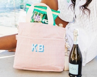 Embroidered Monogram Striped Cooler Tote