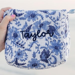 Embroidered Block Print Pouch // Personalized Floral Makeup Bag Handmade Quilted Cosmetic Bag Gift for Her Travel Makeup Pouch Toiletry Bags