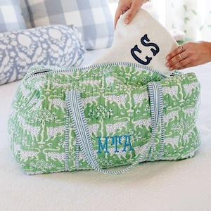 Embroidered Block Print Duffel // Duffle Weekender Bag, Handmade Quilted Travel Bag, Block Print Bag, Monogrammed Travel Overnight Bags