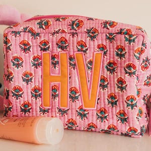 Embroidered Block Print Pouch with Applique // Personalized Floral Makeup Bag Handmade Quilted Cosmetic Bag Gift for Her Travel Toiletry Bag