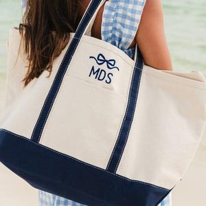 Embroidered Bow Monogram Canvas Tote // Personalized Gift, Bridesmaid Tote, Custom Tote Bag, Bachelorette Bags, Bachelorette Party Gift