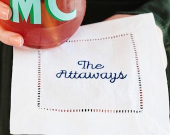 Custom Embroidered Cocktail Napkins (Set of 4) // Personalized Last Name Linen Cocktail Napkin, Wedding Anniversary Engagement Custom Napkin