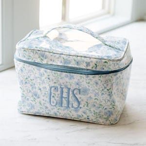 Clear Coated Train Case // Monogram Train Case and Cosmetic Makeup Bag, Embroidered Makeup Case, Custom Bridesmaid Proposal Gift for Her