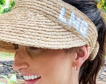 Embroidered Straw Visor - Shadow Monogram // Personalized Straw Visor, Monogram Beach Hat, Bridesmaid Gift, Beach Visor, Bachelorette Party