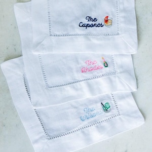 Embroidered Custom Last Name Cocktail Napkins (Set of 4) // Last Name Linen Cocktail Napkins Cheers Embroidered Cocktail Coasters Napkins