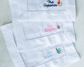 Embroidered Custom Last Name Cocktail Napkins (Set of 4) // Last Name Linen Cocktail Napkins Cheers Embroidered Cocktail Coasters Napkins