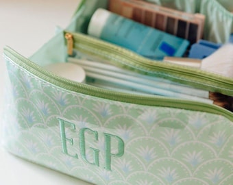 Embroidered Clear Coated Flat Lay Cosmetic Bag // Personalized Floral Makeup Bag, Bridesmaid Gift, Custom Toiletry Bag, Wide Open Bag