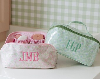Embroidered Clear Coated Flat Lay Cosmetic Bag // Personalized Floral Makeup Bag, Bridesmaid Gift, Custom Toiletry Bag, Wide Open Bag
