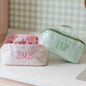 Embroidered Clear Coated Flat Lay Cosmetic Bag // Personalized Floral Makeup Bag, Bridesmaid Gift, Custom Toiletry Bag, Wide Open Bag