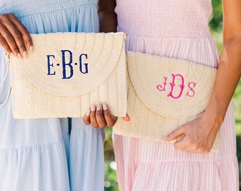 Embroidered Straw Clutch