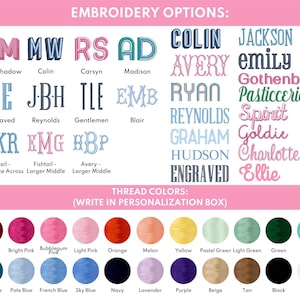 a collection of embroidery options, including names and colors, presented in a personalized embroidery options box.