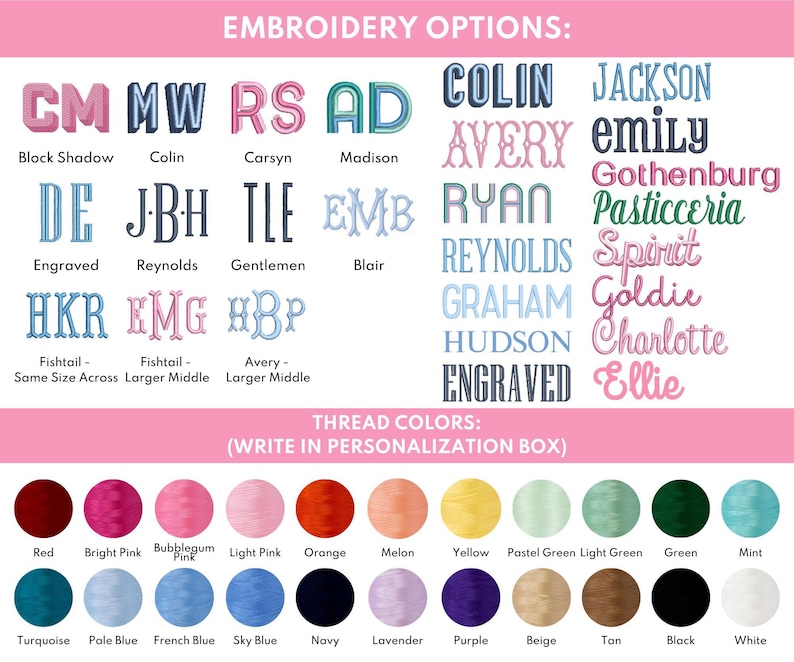 a collection of embroidery options, including names and colors, presented in a personalized embroidery options box.