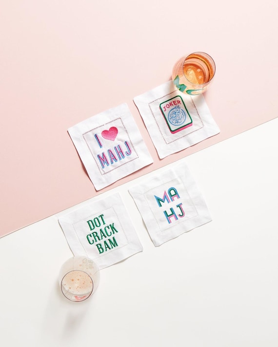 Mahjong Cocktail Napkins (Set of 4) // Mahjong Gifts, Mah Jongg, Mahj, Embroidered Coasters, Linen Embroidered Set of 4, Bar Cart Decor