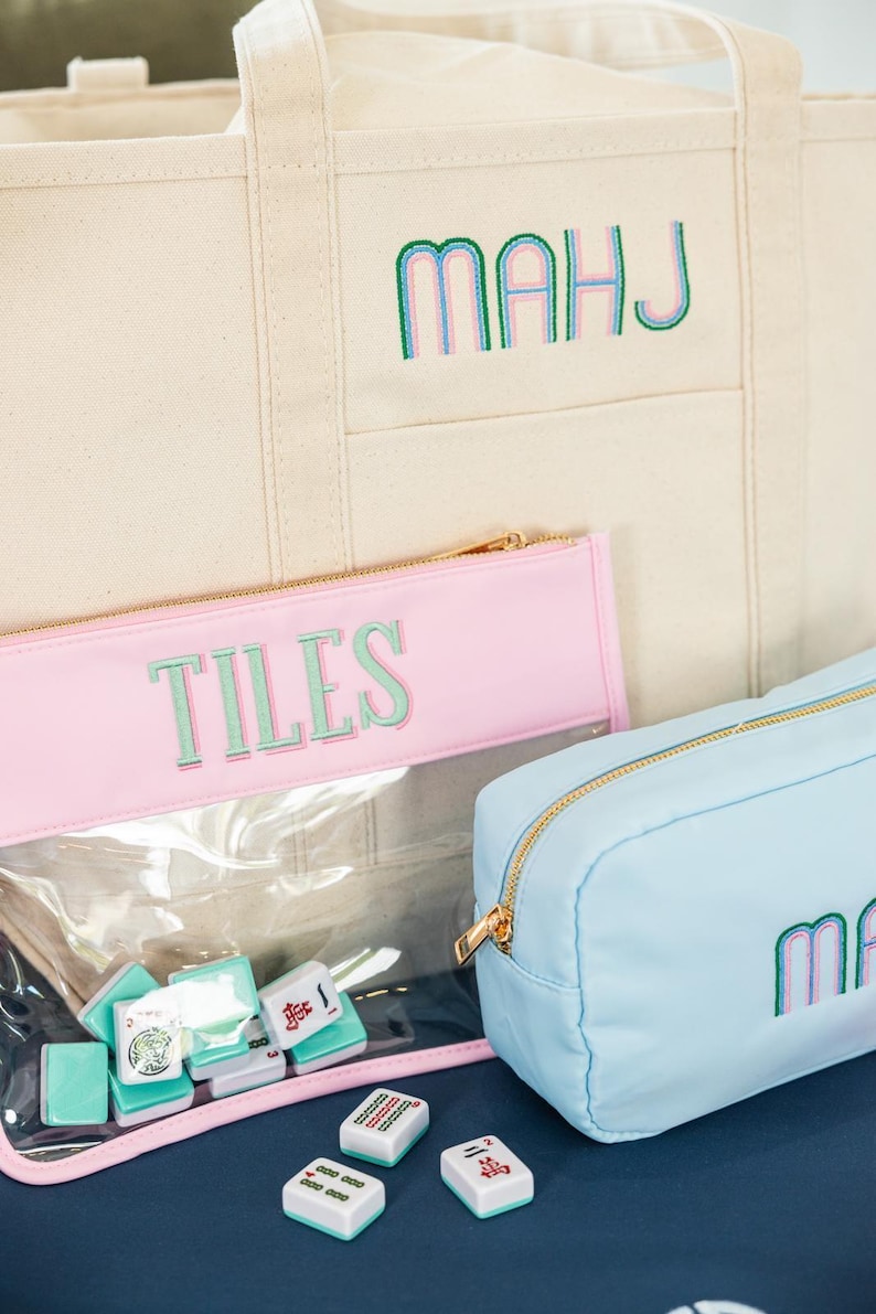 Bestickte Mahjong Nylon Tasche // Mahjong Tile Bag, Mahjong Zubehör, Aufbewahrungstasche, Kartenhalter, Mahjong Tasche, Mah Jongg, Mahj Bild 3