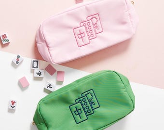 Embroidered Mahjong Tiles Large Nylon Pouch // Mahjong Tile Bag, Mahjong Accessories, Storage Bag, Cardholder Pouch, Mahjong Bag, Mah Jongg
