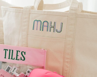 Cabas en toile brodée de mahjong // Grand sac de mahjong, fourre-tout de voyage, sac de mahjong en tuile, amateur de mahjong, accessoires de mahjong, sac de voyage de nuit