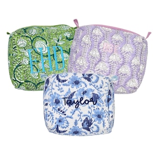 Embroidered Block Print Pouch // Personalized Floral Makeup Bag Handmade Quilted Cosmetic Bag Gift for Her Travel Makeup Pouch Toiletry Bags