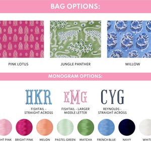 a collection of bag options, each with a unique monogram and color, arranged in a visually appealing manner.