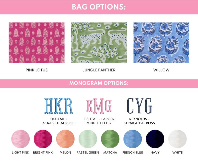 a collection of bag options, each with a unique monogram and color, arranged in a visually appealing manner.