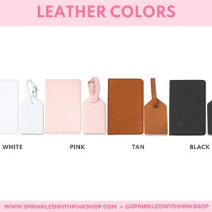 a collection of various leather bags and luggage tags in different colors, including white, pink, tan, black, and brown.