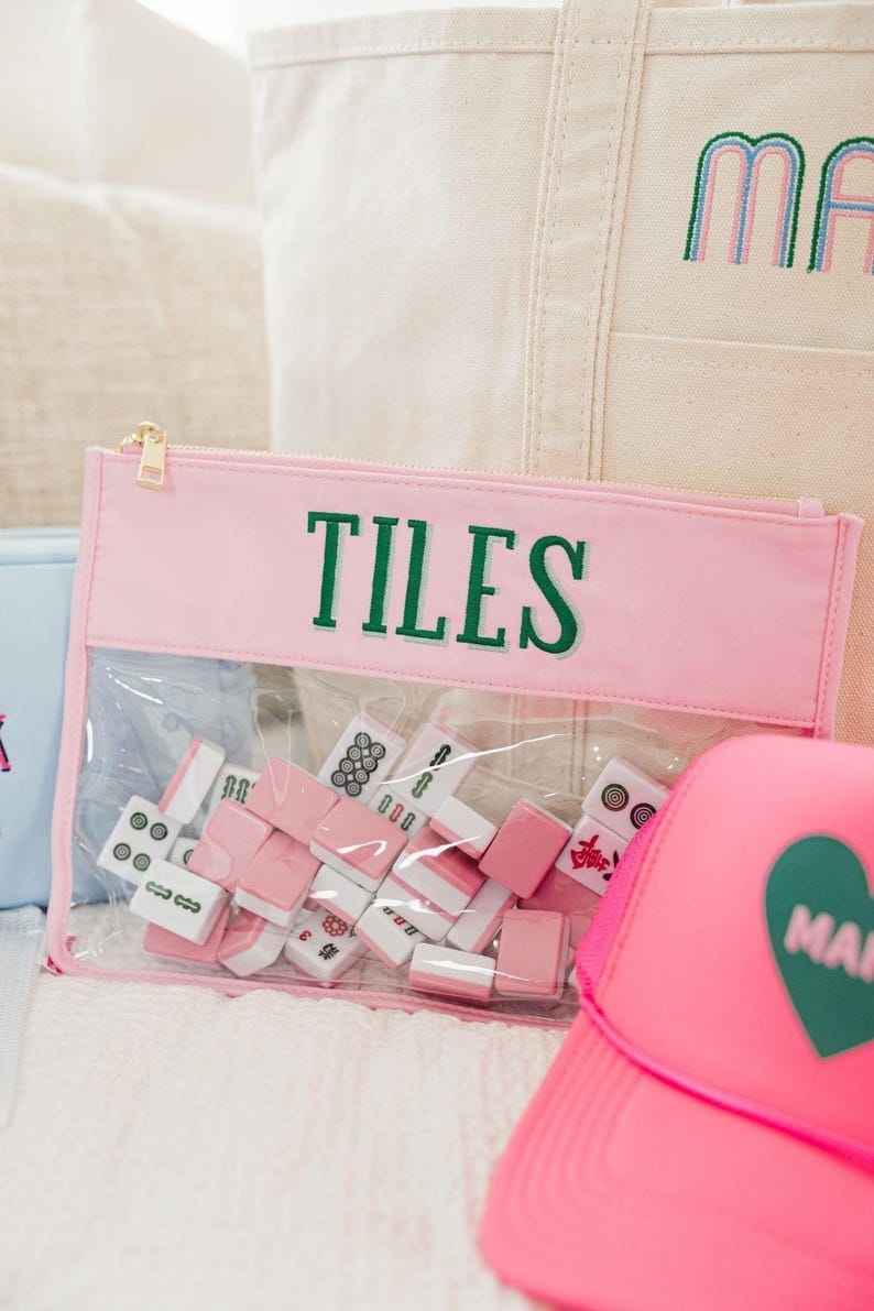 Bestickte Mahjong Nylon Tasche // Mahjong Tile Bag, Mahjong Zubehör, Aufbewahrungstasche, Kartenhalter, Mahjong Tasche, Mah Jongg, Mahj Bild 6