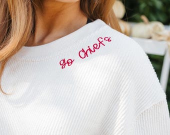 Embroidered Collar/Sleeve Corded Sweatshirt // Custom Team, Chiefs Sweatshirt, Game Day Shirts, Kansas City, NFL Sweatshirts, Travis Kelce