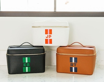 Striped Monogram Leather Train Case// Personalized Vanity Makeup Case, Cosmetic Bag, Toiletry Bag, Bridesmaid Bag, Make Up, Grad Gift
