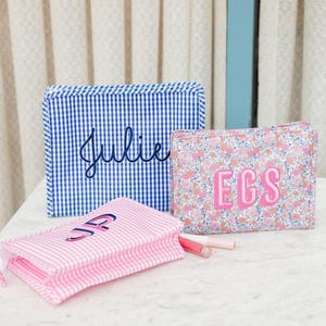 Embroidered TRVL Roadie // Personalized Makeup Bag Embroidered Gift for Her Custom Toiletry Bag Gingham Cosmetic Case Kids Storage Bag Gift