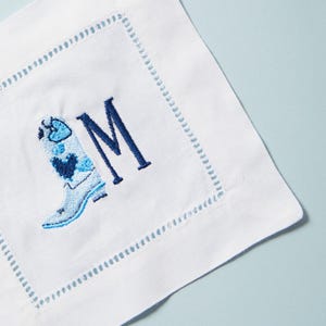 Embroidered Cowboy Boot Monogram Cocktail Napkins (Set of 4) // Western Cowboy Boot Embroidered Linen Cocktail Napkins, Hostess Gift for Her