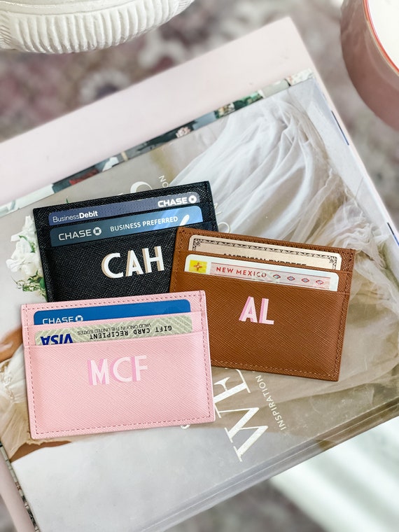 gifts for her black and white Personalised Monogrammed Saffiano Leather Cardholder Genuine Leather initial cardholder Bags & Purses Wallets & Money Clips Wallets 