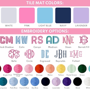 a collection of embroidery color options for lettering, including various shades of pink, blue, green, navy, lavender, and white. The options are presented in a visually appealing manner, with the colors and their corresponding names clearly labeled.