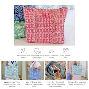 The image is a collage of five images showcasing various bags and accessories, including a personalized tote, a handmade block, a stylish and functional storage bag, a gift, and a travel companion.