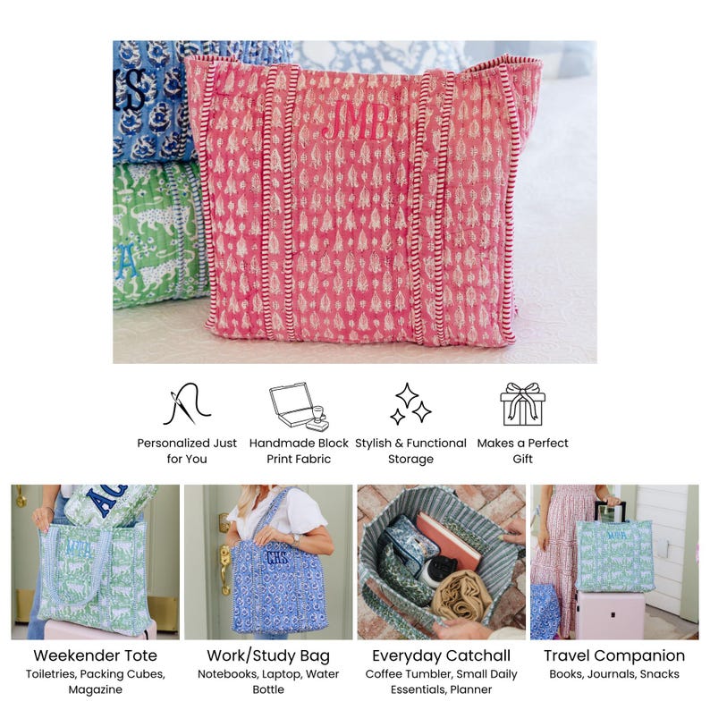 The image is a collage of five images showcasing various bags and accessories, including a personalized tote, a handmade block, a stylish and functional storage bag, a gift, and a travel companion.
