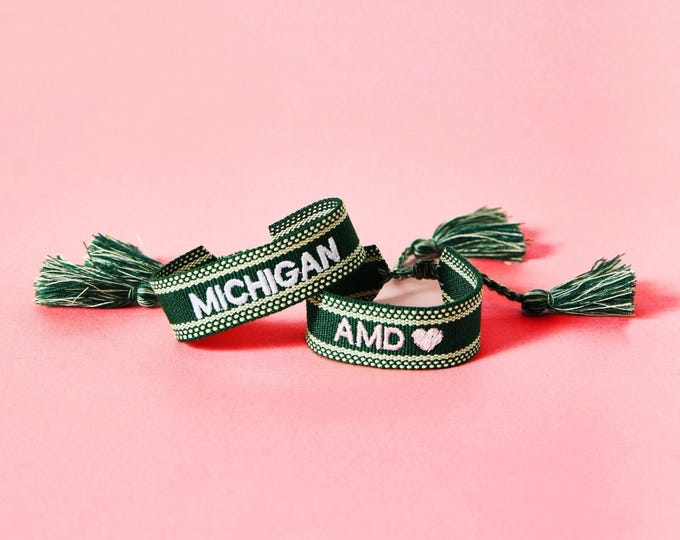 Custom Embroidered Bracelet with Motif // School Spirit Embroidered Bracelet, Graduation Gift, Choose Your Team, Tassel Friendship Bracelet