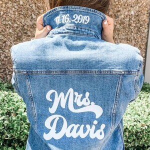 Cursive Last Name Jean Jacket // Custom Wedding Bachelorette Trip Honeymoon Bridal Shower image 2