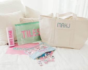 Embroidered Mahjong Canvas Tote // Large Mahjong Bag, Travel Tote, Mahjong Tile Bag, Mahjong Lover, Mahjong Accessories, Overnight Carryall