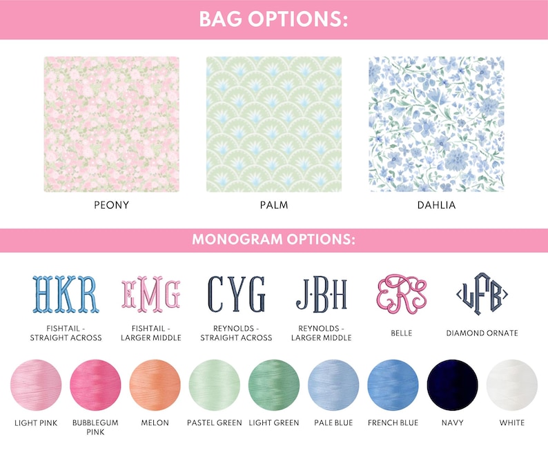 May include: Image showcasing bag and monogram options. Bag patterns include Peony, Palm, and Dahlia. Monogram styles are displayed with various thread colors: Light Pink, Bubblegum Pink, Melon, Pastel Green, Light Green, Pale Blue, French Blue, Navy, and White.