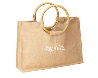 Script Jute Carryall with Bamboo handle