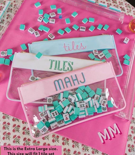 Embroidered Mahjong Nylon Clear Pouch // Mahjong Tile Bag, Mahjong Accessories, Storage Bag, Cardholder Pouch, Mahjong Bag, Mah Jongg, Mahj